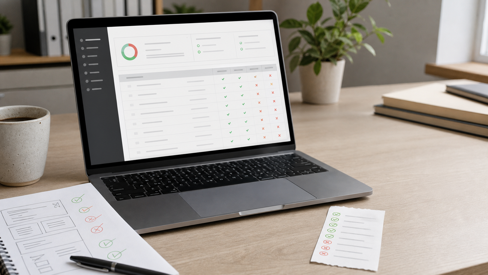Laptop showing an audit report with checklist notes on a desk